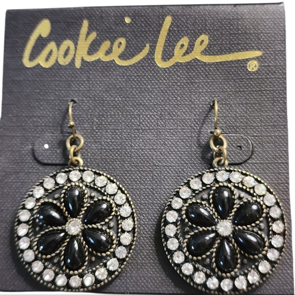 Cookie Lee Brass Tone Black Floral Rhinestone Earrings